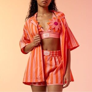 Adidas Summer Glow Oversized Loose Fit Resort Shirt Pink Orange Striped Medium